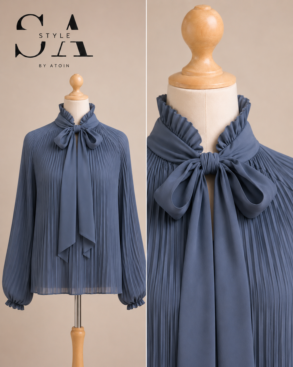 Plissee-Bluse mit Schleifenkragen – blau