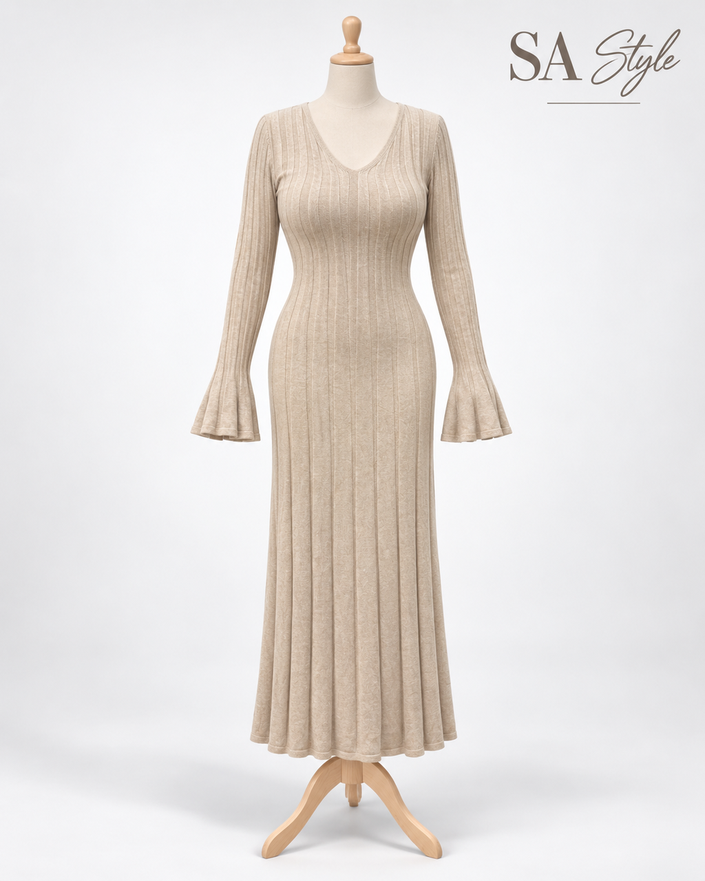 Rippstrick-Maxikleid in Creme/Beige