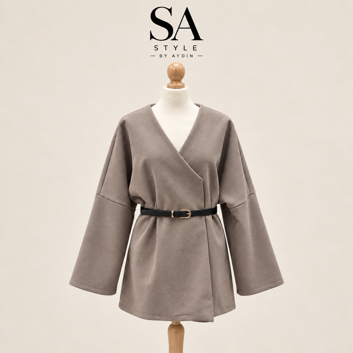 Taupefarbene Kimono-Jacke mit Gürtel