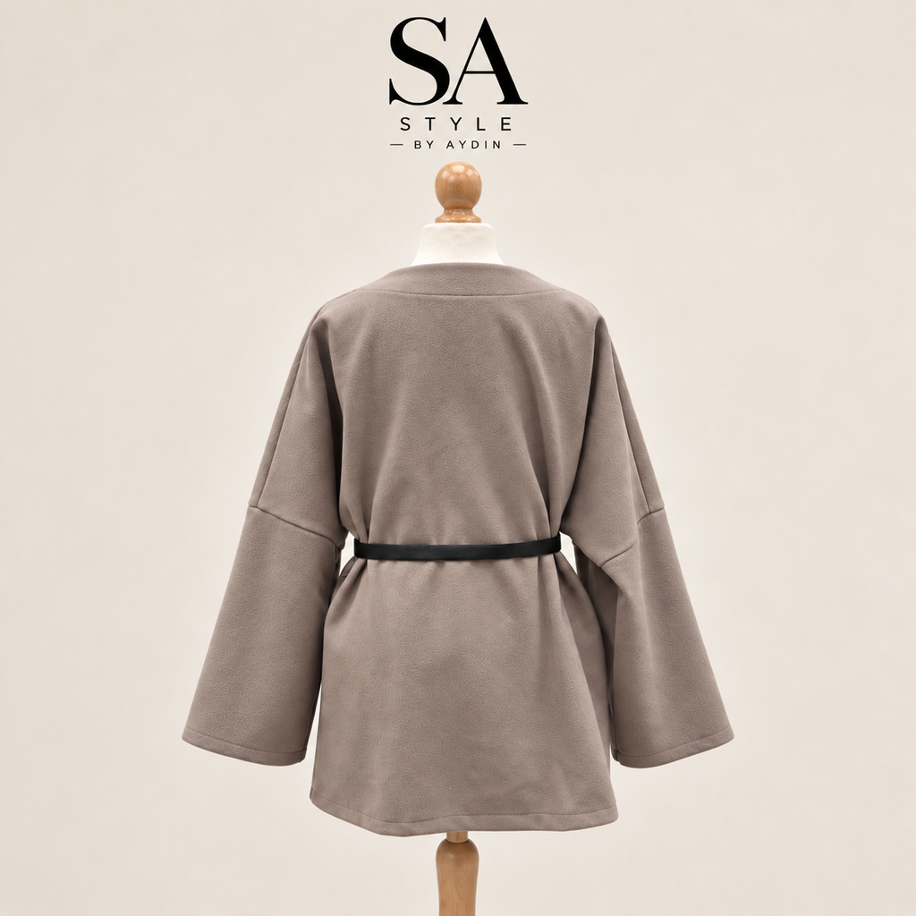Taupefarbene Kimono-Jacke mit Gürtel