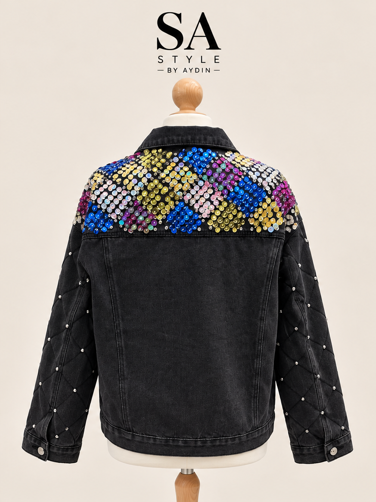 Schwarze Jeansjacke mit Pailletten & Schmuckdetails