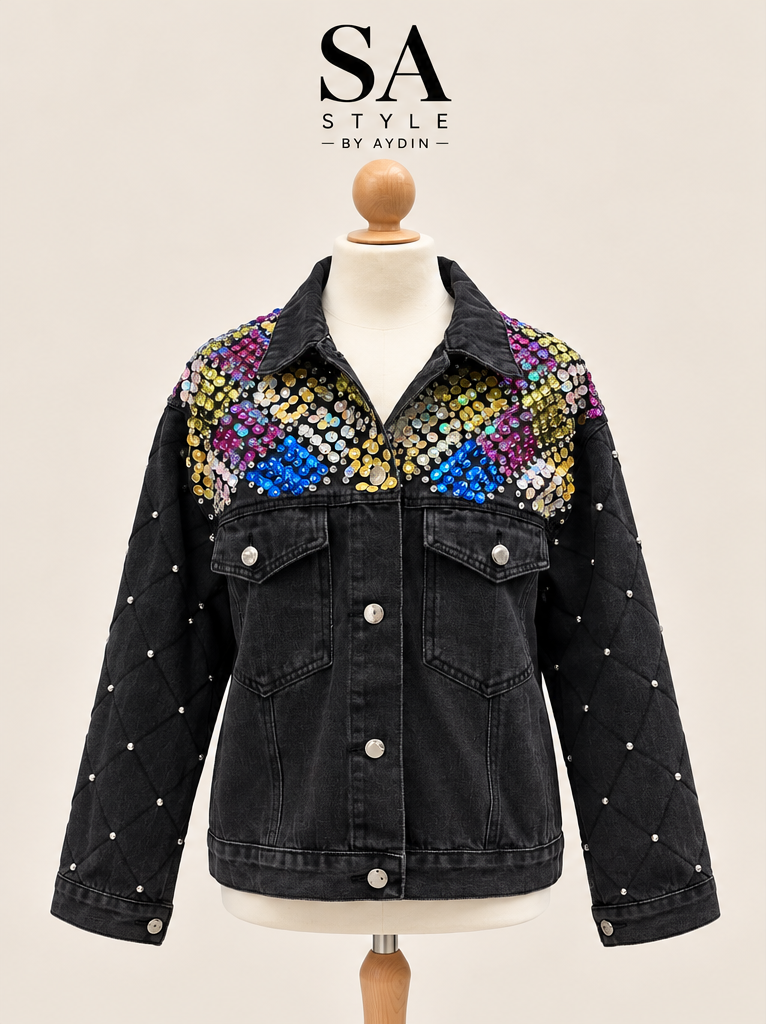 Schwarze Jeansjacke mit Pailletten & Schmuckdetails